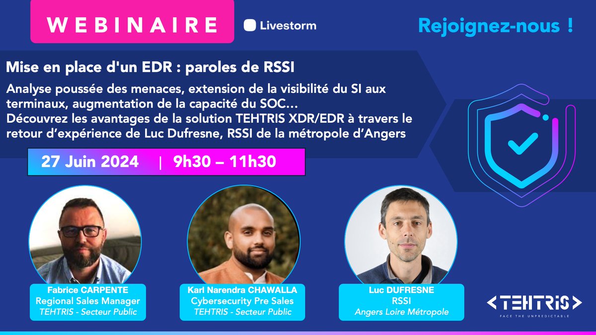 #WEBINAIRE Mise en place #EDR : paroles de #RSSI

Analyse poussée des menaces, extension de la visibilité du SI aux terminaux, augmentation capacités SOC.. Découvrez les avantages TEHTRIS EDR avec le retex <a href="/AngersMetropole/">Angers Loire Métropole</a>

🗓 27/06🕥09h30🔵lnkd.in/esddzACN

#cybersécurité