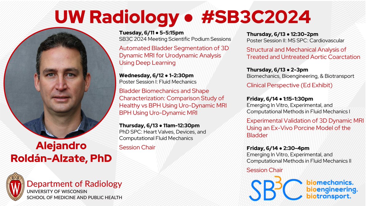 UW Radiology (@uwiscradiology) on Twitter photo Alejandro Roldán-Alzate of UW Cardiovascular Fluid Dynamics Laboratory gets to the heart of things at #SB3C2024 in Lake Geneva this week. The associate professor of Radiology and <a href="/UWMechEngr/">UW-Madison Mechanical Engineering</a> will share insight on aortic coarctation, bladder mechanics and more. <a href="/SB3Corg/">SB3C Organizers</a> <a href="/UWMadEngr/">UW-Madison College of Engineering</a> Alejandro Roldán-Alzate of UW Cardiovascular Fluid Dynamics Laboratory gets to the heart of things at #SB3C2024 in Lake Geneva this week. The associate professor of Radiology and <a href="/UWMechEngr/">UW-Madison Mechanical Engineering</a> will share insight on aortic coarctation, bladder mechanics and more. <a href="/SB3Corg/">SB3C Organizers</a> <a href="/UWMadEngr/">UW-Madison College of Engineering</a>