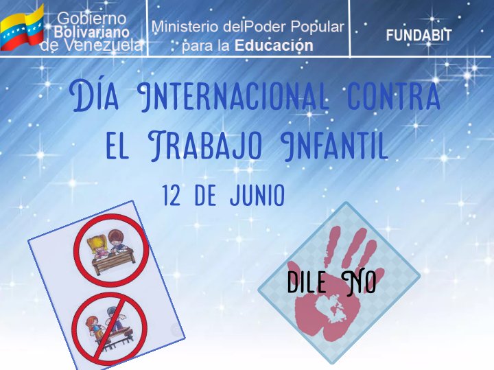 #12jun2024 Día Internacional contra el Trabajo Infantil ...Ellos son el futuro de nuestro país se deben cuidar y proteger para q puedan vivir cada etapa de su vida...
<a href="/_LaAvanzadora/">Yelitze Santaella</a> <a href="/EleamerAbdala/">Eleamer Elkatrib</a> <a href="/Fundabit_/">FundabitOficial</a> 
<a href="/fundabit_IRIB/">FUNDABIT IRIBARREN</a>
