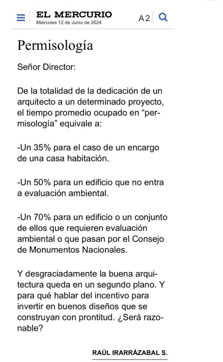 Les comparto carta publicada el día de hoy en El Mercurio. <a href="/AOA_Chile/">AOA_Chile</a> <a href="/colegioarq/">Colegio de Arquitectos de Chile</a> <a href="/Minvu/">MINVU - Chile</a> <a href="/mop_chile/">Ministerio de Obras Públicas🇨🇱</a>