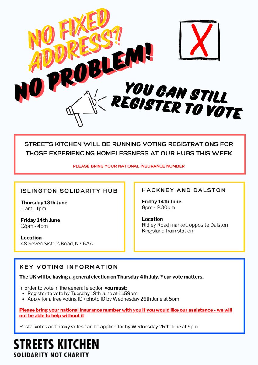 We are running voting registrations for those experiencing #homelessness in <a href="/IslingtonBC/">Islington Council</a> &amp; <a href="/hackneycouncil/">Hackney Council</a> 

Please share this info to whomever may need to know

Everyone should have the right to vote!

We would like to do more, please get in touch if you can assist

#GiveAvote