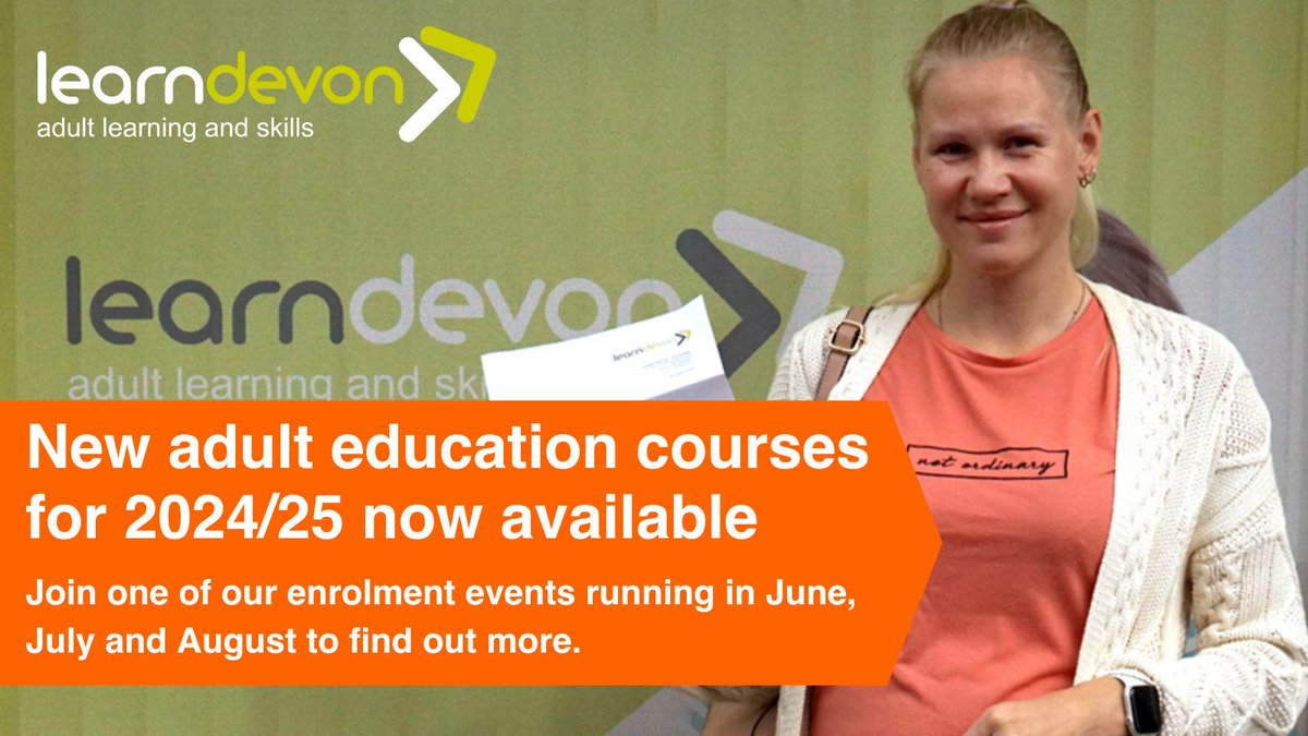 Our new programme has arrived! 😄

New courses alongside the classics - all ready for 2024/25. For adult learners across #Devon

✅ Digital Skills &amp; IT, Skills &amp; Development
✅ English + maths courses
✅ ESOL for overseas nationals
✅ Qualifications
 
learndevon.co.uk/.../have-you-c…