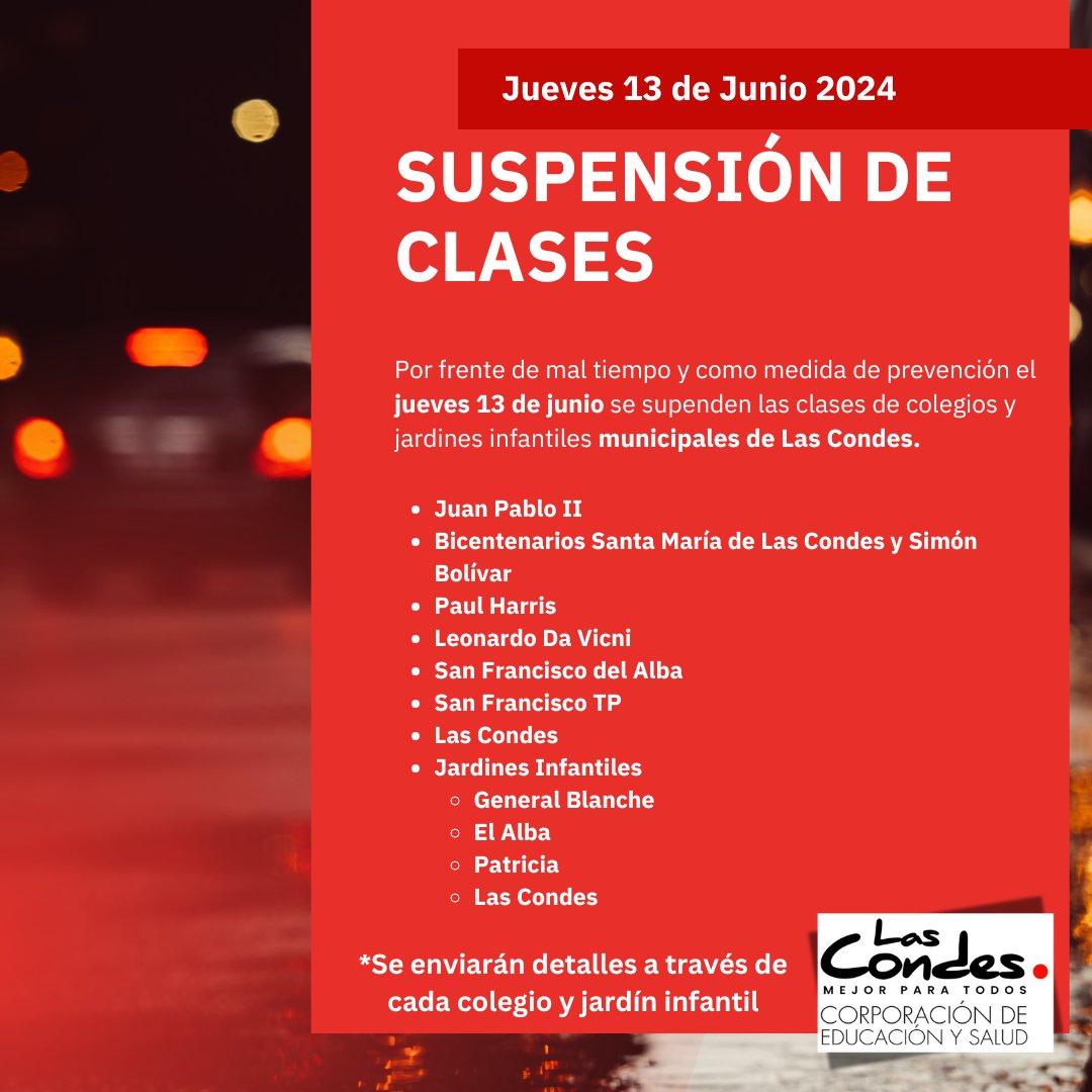 Por frente de mal tiempo el jueves 13 de Junio, se suspenden clases presenciales en colegios y jardines infantiles municipales de Las Condes.