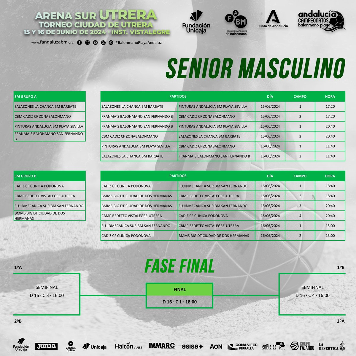🔜Prepárate para el #ArenaSur 𝑼𝒕𝒓𝒆𝒓𝒂 con los horarios de juego

🏆Competición 𝐒𝐄𝐍𝐈𝐎𝐑🏆

✍️Toma nota 📝
📆 15 y 16 de junio
📍 Utrera
🏖️ Instalaciones Deportivas Vistalegre

🤝 <a href="/CiudadUtrera/">Ayuntamiento de Utrera</a> &amp;  <a href="/CbmUtrera/">Club Balonmano Utrera</a>