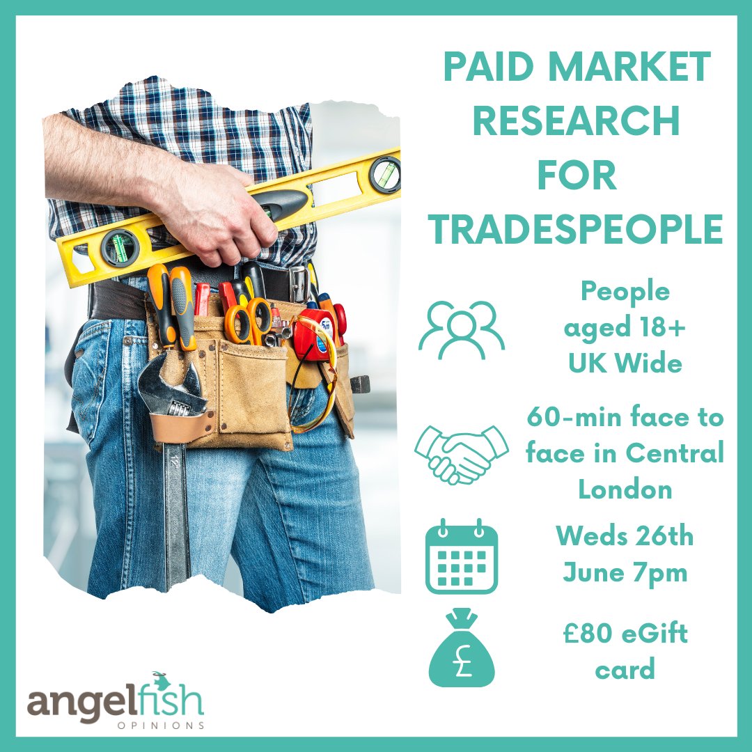 thisisangelfish's tweet photo. FOCUS GROUP FOR TRADESPEOPLE! 🛠️  
We’re looking for tradespeople aged 18-64 in London for a focus group to discuss small tensions between yourselves &amp; homeowners on Weds 26th June, 7pm for an £80 eGift card. 
APPLY: https://t.co/ozN5yJ9eZV 
#paidmarketresearch #haveyoursay https://t.co/Y0KDzAFA4X