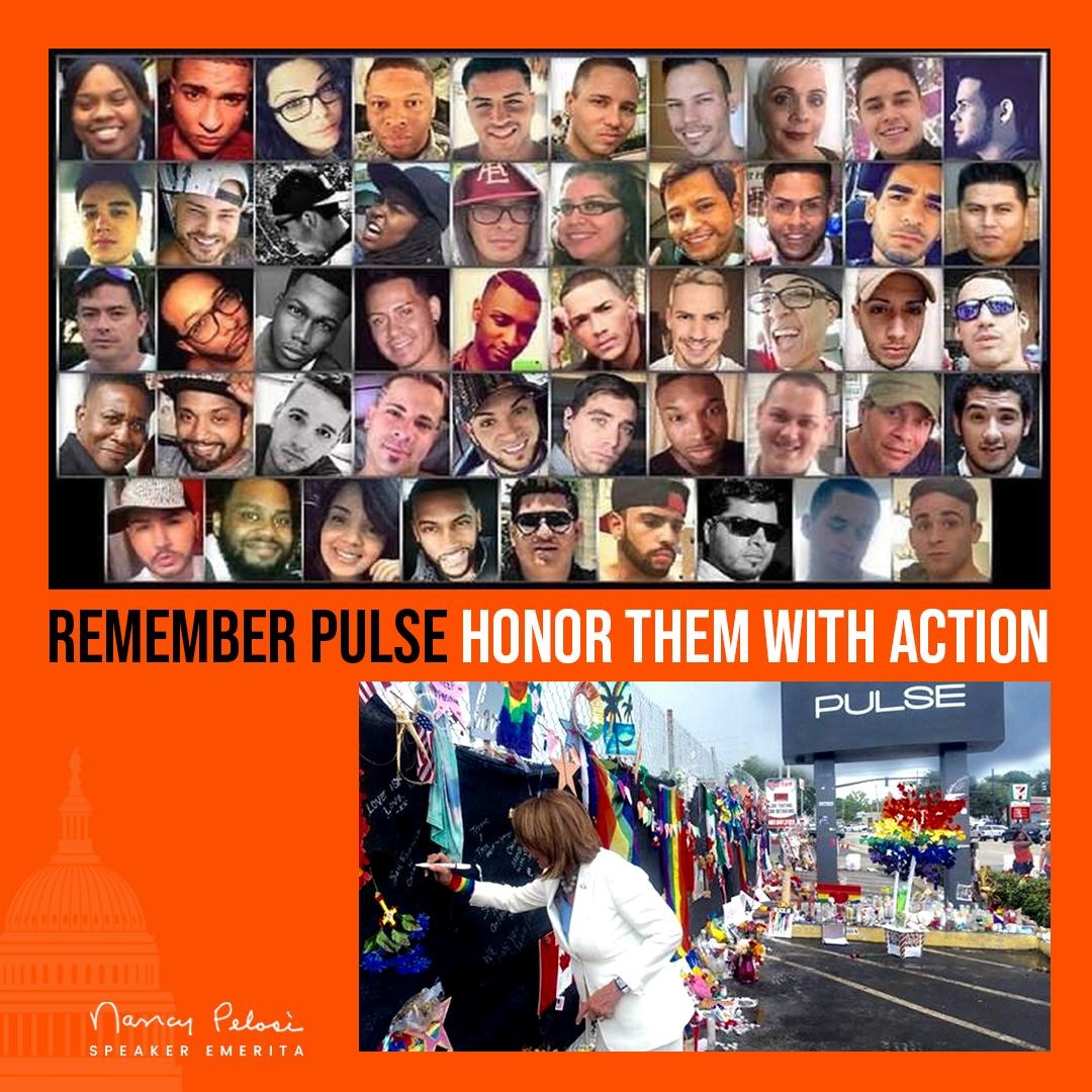 TeamPelosi's tweet photo. 49 precious souls were gunned down as they danced on βLatin Nightβ at Orlandoβs LGBTQ+ club #Pulse 8 years ago.
Today, we recommit to our work with Pulse survivors turning their pain into purpose to spare others their heartache. We must Disarm Hate and End Gun Violence. -NP https://t.co/X6hOIMKivZ