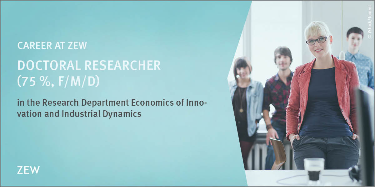 ZEW_en (@zew_en) on Twitter photo 🔎 Become part of the #ZEW team: We are looking for a Doctoral Researcher (f/m/d, 75 %) for our research area "Economics of Innovation & Industrial Dynamics" <a href="/HannaHottenrott/">Hanna Hottenrott 🇪🇺</a>. Apply now➡️ jobs.zew.de/o5xzb 🔎 Become part of the #ZEW team: We are looking for a Doctoral Researcher (f/m/d, 75 %) for our research area "Economics of Innovation & Industrial Dynamics" <a href="/HannaHottenrott/">Hanna Hottenrott 🇪🇺</a>. Apply now➡️ jobs.zew.de/o5xzb
