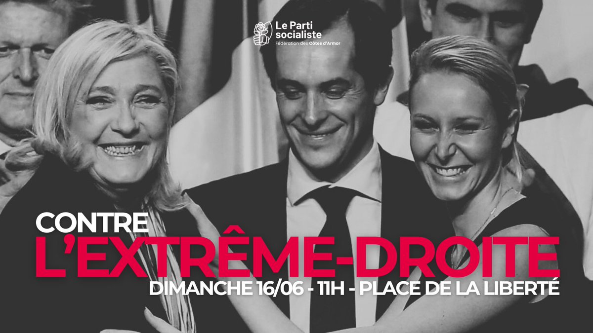 Socialistes22's tweet photo. Les socialistes costarmoricains participeront ce dimanche 16 juin à 11h00 sur la place de la Liberté à la manifestation contre l'extrême-droite, à l'appel de l'intersyndicale briochine. ↙️↙️↙️ https://t.co/3kzw2WgQtH