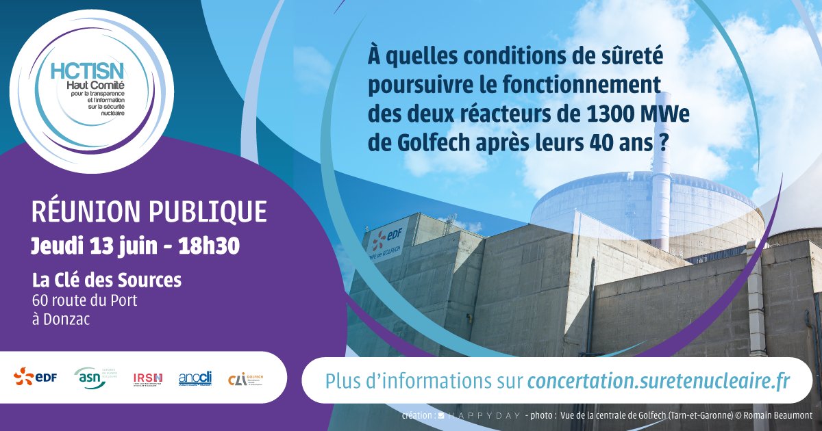 anccli's tweet photo. 🗓️13/06 (18h30) : Réunion publique de la @CLI_Golfech👥 dans le @tarnetgaronne82

☢️ Sujet : à quelles conditions de #sûreté poursuivre le fonctionnement des 2 #réacteurs de 1300MWe de Golfech après leurs 40ans ?

🤝 @anccli #HCTISN @ASN @IRSNFrance @EDFGolfech https://t.co/Y6H9Xtd6F0