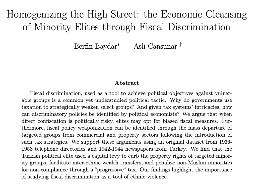 Asli Cansunar (@aslicansunar) on Twitter photo I am incredibly honored to share that <a href="/MBerfinBaydar/">Berfin Baydar</a> and I received the Weber Best Paper Award by <a href="/apsa_section11/">APSA Religion & Politics Section 11</a> for our paper "Homogenizing the High Street: The Economic Cleansing of Minority Elites through Fiscal Discrimination." 🎈🧿
<a href="/DukePoliSci/">DukePoliticalScience</a> <a href="/ForumUW/">Political Economy Forum</a> I am incredibly honored to share that <a href="/MBerfinBaydar/">Berfin Baydar</a> and I received the Weber Best Paper Award by <a href="/apsa_section11/">APSA Religion & Politics Section 11</a> for our paper "Homogenizing the High Street: The Economic Cleansing of Minority Elites through Fiscal Discrimination." 🎈🧿
<a href="/DukePoliSci/">DukePoliticalScience</a> <a href="/ForumUW/">Political Economy Forum</a>