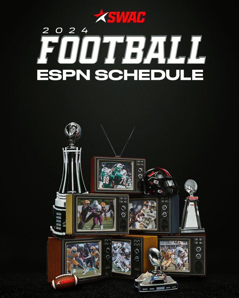 theswac's tweet photo. 𝐓𝐮𝐧𝐞 𝐈𝐧📺 

➡️ Check out the ESPN Broadcast Schedule for the upcoming 2024 SWAC Football Season ⬇️ (1/2)

#SWACFB https://t.co/Ct8PStw4P5