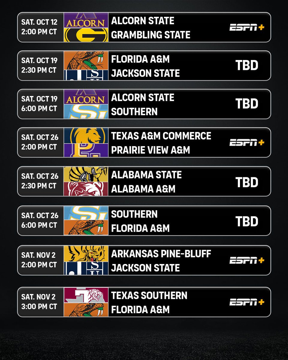 theswac's tweet photo. 𝐓𝐮𝐧𝐞 𝐈𝐧📺 

➡️ Check out the ESPN Broadcast Schedule for the upcoming 2024 SWAC Football Season ⬇️ (1/2)

#SWACFB https://t.co/Ct8PStw4P5