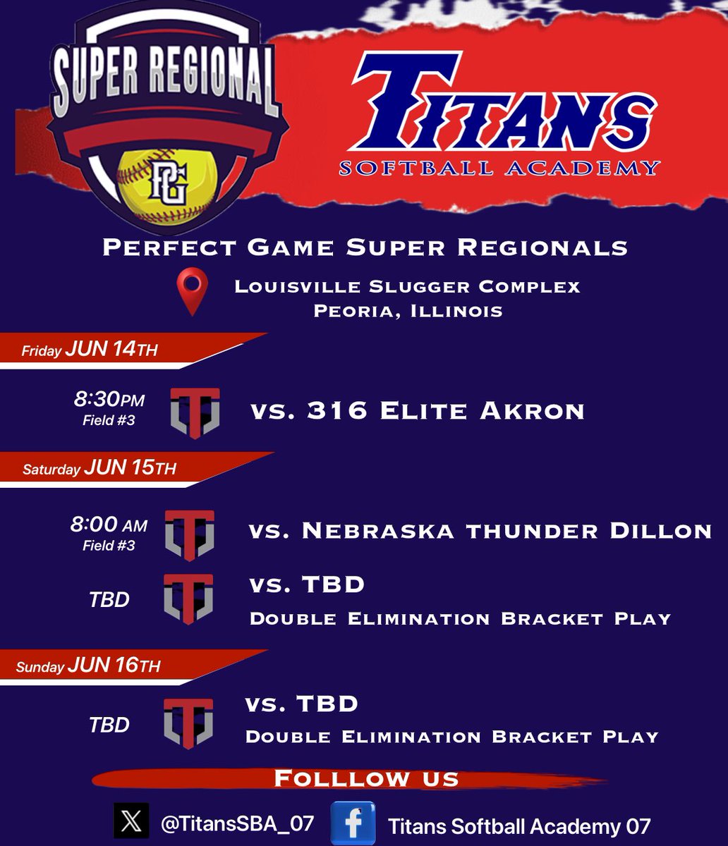 Titans hitting the road, to play in PG’s Super Regionals at Peoria, Illinois’ Louisville Slugger Complex. Follow us here, Facebook or Game Changer.  
#TitanupLockitDown #DontQuitDoIt #EffortandAttitude