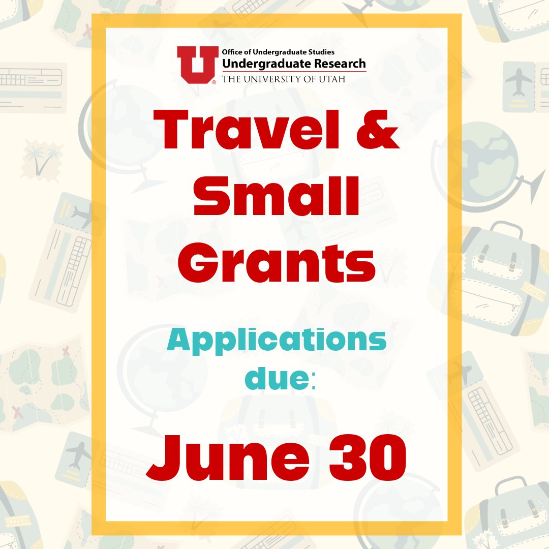 Undergrad Research (@uofuour) on Twitter photo Travel & Small Grant applications are due soon! Get up to $500 towards research-related travel and/or expenses (students may receive up to one of each grant). Visit our.utah.edu/research-schol……… for more info.
<a href="/UofUUndergrad/">UofU Undergraduate Studies</a>
<a href="/UUtah/">University of Utah</a>
<a href="/UofUResearch/">Research at the U</a> Travel & Small Grant applications are due soon! Get up to $500 towards research-related travel and/or expenses (students may receive up to one of each grant). Visit our.utah.edu/research-schol……… for more info.
<a href="/UofUUndergrad/">UofU Undergraduate Studies</a>
<a href="/UUtah/">University of Utah</a>
<a href="/UofUResearch/">Research at the U</a>
