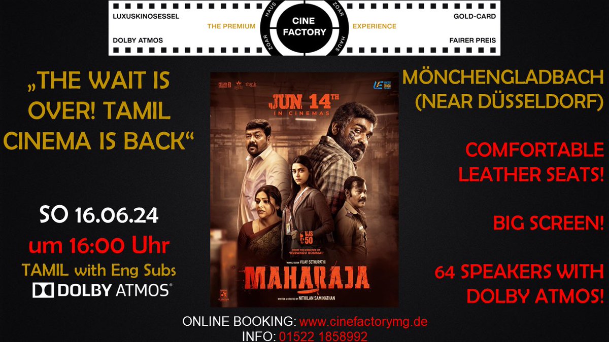 TiviArj's tweet photo. Tamil Cinema is Back! Finally! Don’t miss #Maharaja in Germany 🇩🇪 City: Mönchengladbach book your tickets now! https://t.co/13t9rQV8un #VijaySethupathi @VijaySethuOffl @PassionStudios_ @abhiramiact @anuragkashyap72 @natty_nataraj @Zineflix https://t.co/5CdNcrB5q0
