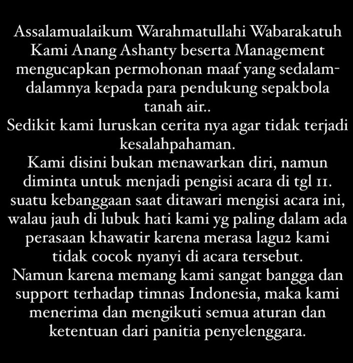 Ngebaca klarifikasi Anang soal momen doi perform di laga timnas, runut dan logis. 

Ia sendiri ternyata sdh punya feeling, lagunya kurang cocok utk event bola.