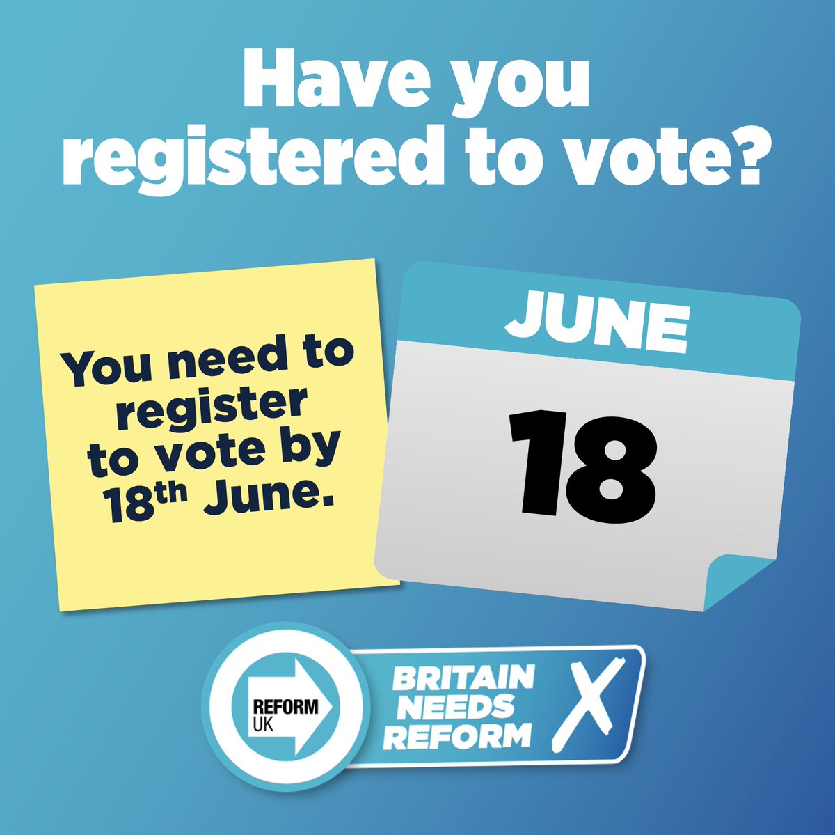 reformparty_uk's tweet photo. 🇬🇧 YOUR COUNTRY NEEDS YOU: You have less than a week to register to vote in this CRUCIAL upcoming General Election

📝 Register now: https://t.co/fGJmGVqr67 https://t.co/cyA4zDYqLT