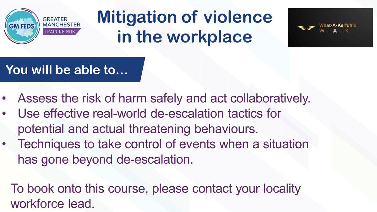 Mitigation of Violence in the Workplace

What a Kerfuffle are hosting an in person Mitigation of Violence in the workplace session. 

📅: Tuesday, 18 June
🕐: 9.30am to 4.30pm

Covering de-escalation tactics for threatening behaviours in the workplace.
