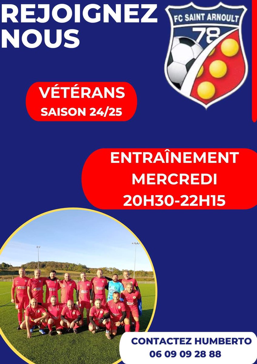 fcsa78's tweet photo. 🙌 Les Vétérans du FCSA 78 recherchent des joueurs pour la saison 2024-2025 : Venez dès cette fin de saison pour découvrir le groupe !

📞Entraînement le mercredi soir, contactez le coach Humberto si vous êtes intéressé : 06 09 09 28 88

🔴🟡

#Football https://t.co/GZ2x9Gtfcz