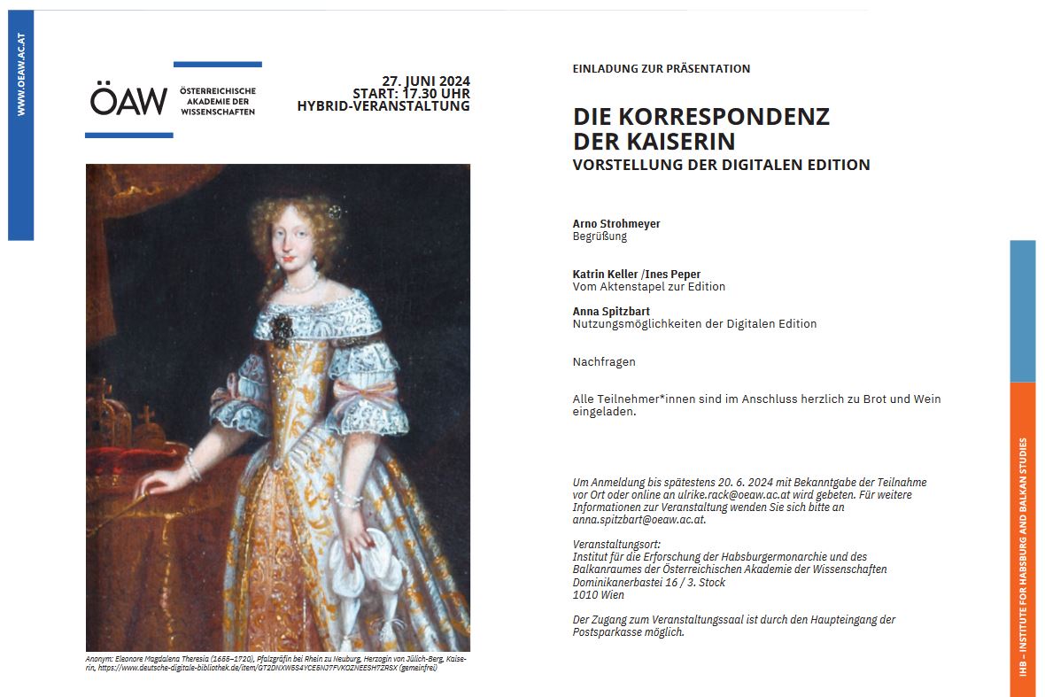 ihb_oeaw's tweet image. Eleonora Magdalena von #Pfalz-#Neuburg war die 3. Frau Kaiser Leopolds I. und fungierte als Kommunikationsachse zwischen den #Habsburger|n und ihrer Familie. Die Briefe werden am 27. Juni als Digitale Edition vorgestellt.
#FWF-Projekt Familiensache: tinyurl.com/4rxn8ky7