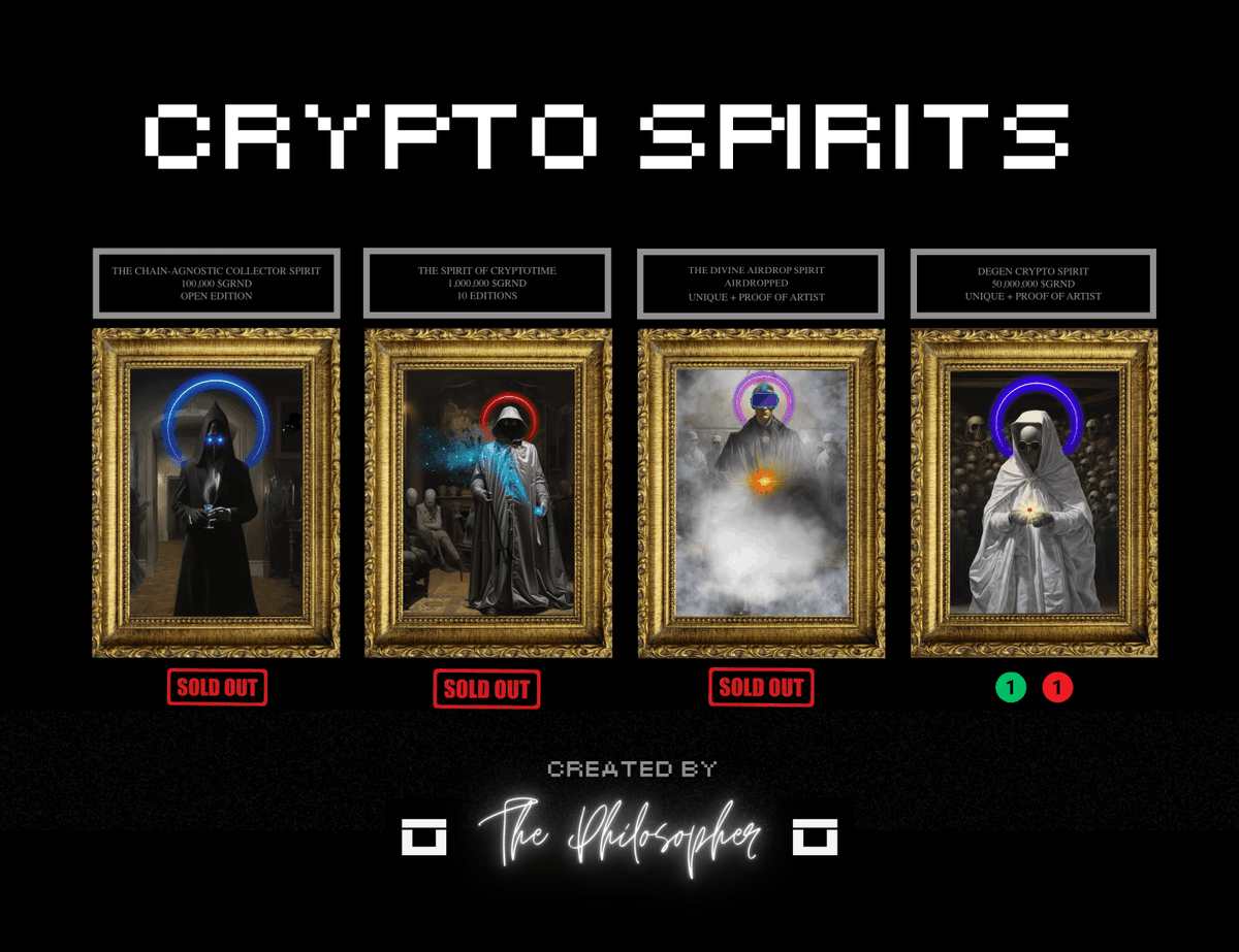thephilo_sopher's tweet photo. 🔥LAST OF THE LAST ONES🔥

Thank you, @UNDRGRND_NFT community, for this amazing sale of CRYPTO SPIRITS, on @ourZORA marketplace, @base chain, with $GRND tokens!

There are just 1/2 available (what I consider unique + proof of artist) Spirit. #neversellout #undrgrnd #grnday

🔗⬇️ https://t.co/jnEng3JZCg