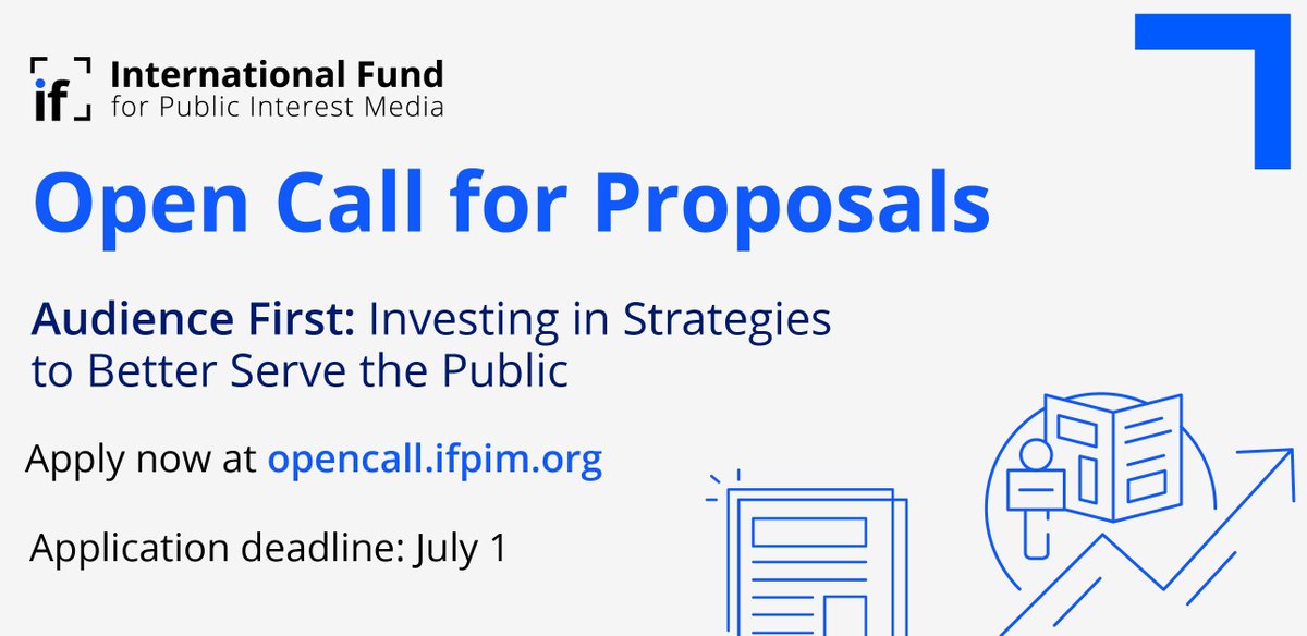 Global Investigative Journalism Network (@gijn) on Twitter photo The <a href="/TheIntlFund/">International Fund for Public Interest Media</a> has launched a new open call for proposals and announced its commitment of at least $5 million USD to support independent news publishers to sustain, expand, or deepen engagement with the communities they serve.
Read more and apply: buff.ly/3Pb1mpF The <a href="/TheIntlFund/">International Fund for Public Interest Media</a> has launched a new open call for proposals and announced its commitment of at least $5 million USD to support independent news publishers to sustain, expand, or deepen engagement with the communities they serve.
Read more and apply: buff.ly/3Pb1mpF