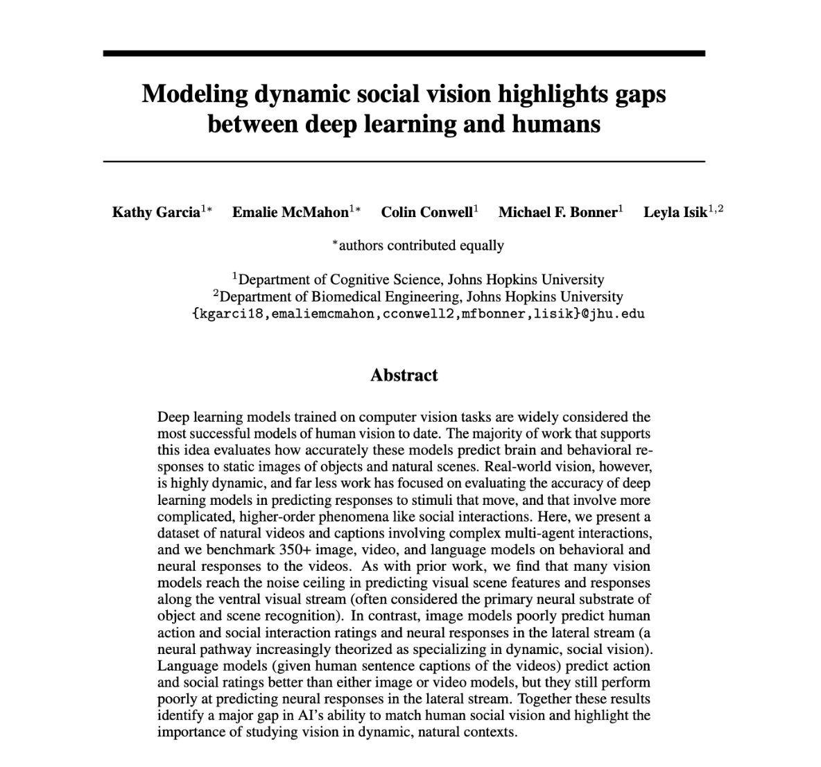 📢 Excited to announce our latest pre-print: “Modeling dynamic social vision highlights gaps between deep learning and humans”! 🌟 w/ <a href="/emaliemcmahon/">Emalie McMahon</a>, Colin Conwell, <a href="/michaelfbonner/">Mick Bonner</a>, and @leylaisi🧵 #NeuroAI #CognitiveScience [1/7]