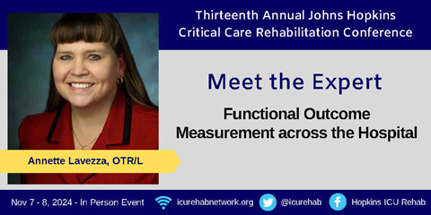 Hopkins ICU Rehab (@icurehab) on Twitter photo Learn about <a href="/HopkinsAMP/">Johns Hopkins Activity & Mobility Promotion (AMP)</a>
Systematic Functional Measurement &
Daily Mobility Goal
Meet the Expert!
<a href="/OT_Annette/">Annette Lavezza</a>
At 13thJohns Hopkins
@ICURehab Conference
In-Person at Johns Hopkins
Nov 7-8, 2024
Register:
ICURehabNetwork.org Learn about <a href="/HopkinsAMP/">Johns Hopkins Activity & Mobility Promotion (AMP)</a>
Systematic Functional Measurement &
Daily Mobility Goal
Meet the Expert!
<a href="/OT_Annette/">Annette Lavezza</a>
At 13thJohns Hopkins
@ICURehab Conference
In-Person at Johns Hopkins
Nov 7-8, 2024
Register:
ICURehabNetwork.org