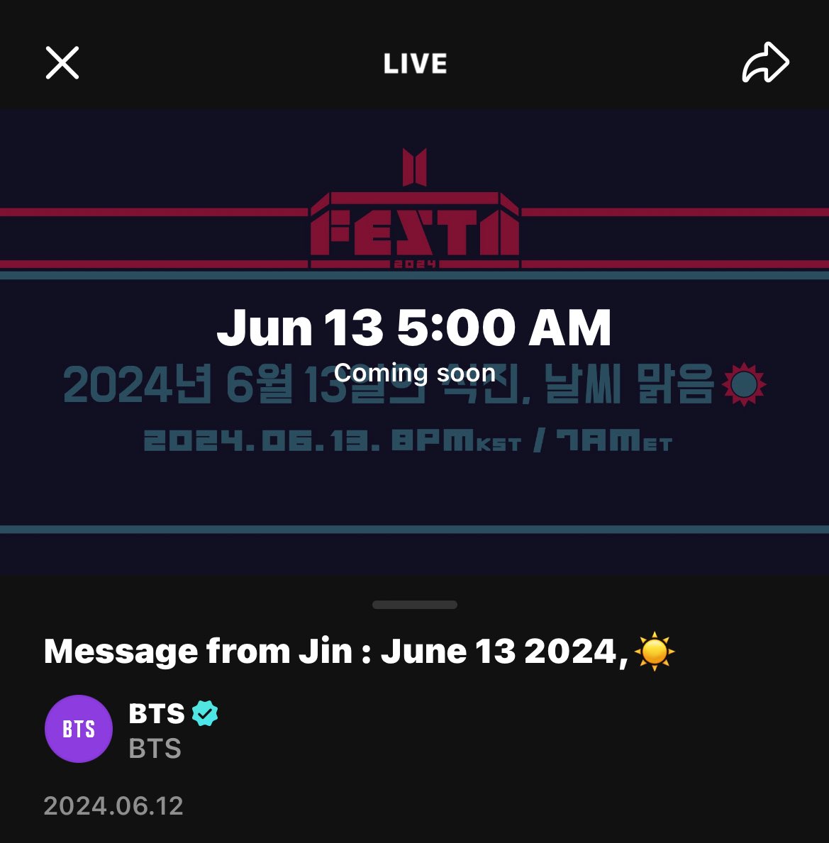 – Ya se encuentra el recordatorio en Weverse de la transmisión de Jin del FESTA 2024 💜

• Recuerden que me pondré candado para pasarles el link para que lo puedan ver 🔒 

Jueves, 13 de Junio
05:00AM 🇨🇷🇬🇹🇸🇻🇳🇮🇭🇳🇲🇽
06:00AM 🇵🇪🇨🇴🇪🇨🇵🇦
07:00AM 🇩🇴🇧🇴🇵🇷🇻🇪🇨🇺🇨🇱🇵🇾
08:00AM 🇦🇷🇺🇾🇧🇷
01:00PM 🇪🇸
