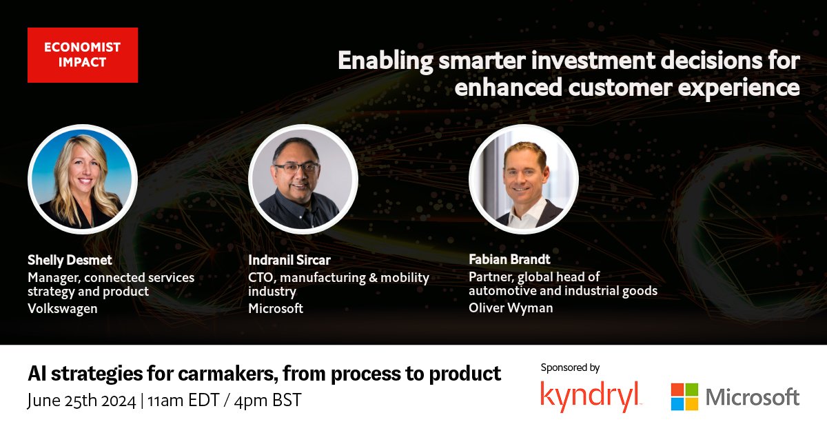 EconomistEvents's tweet image. How can automotive firms profit from next-generation features that buyers find valuable? Join our two-part virtual event on June 25th, sponsored by @Kyndryl and @Microsoft, to hear insights and case studies from experts. #AIforAuto
Register: econimpact.co/tC