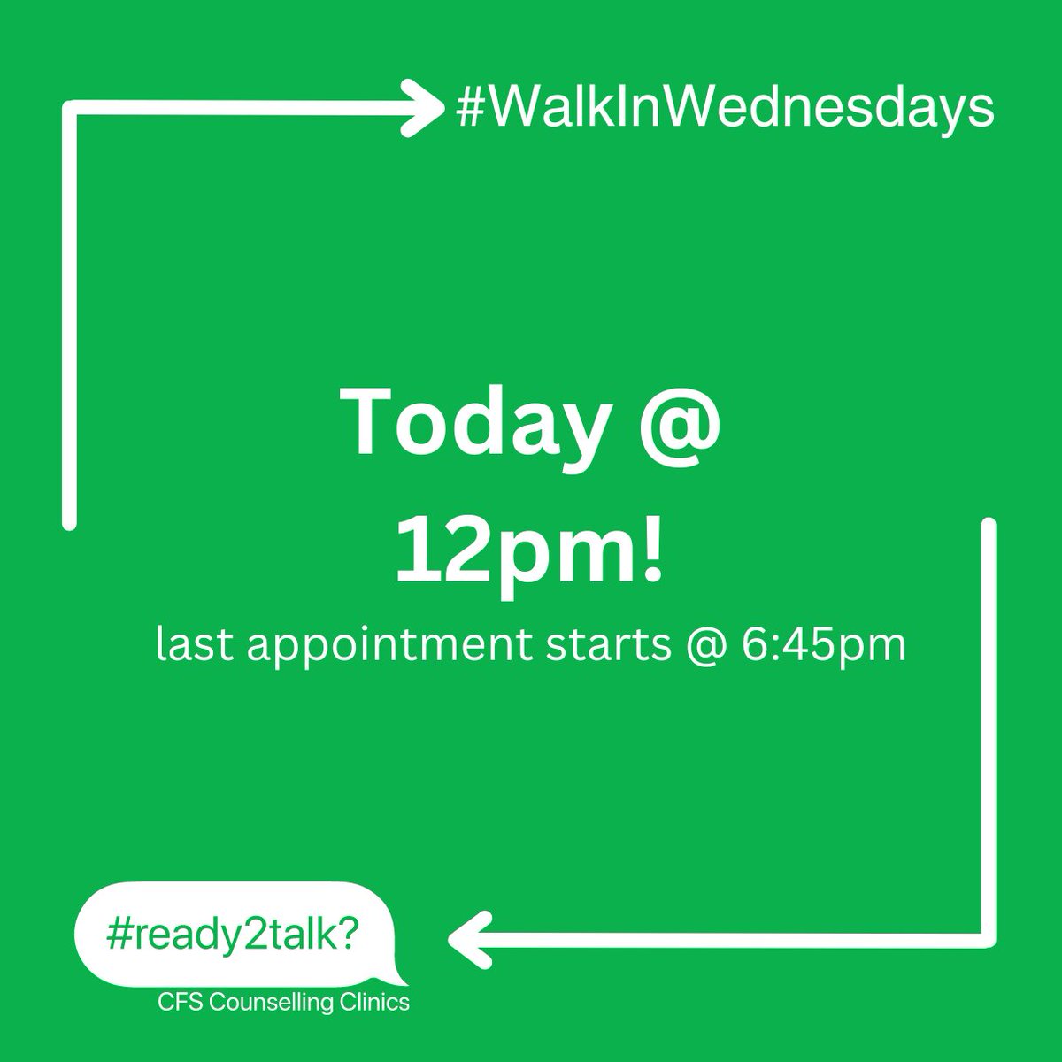 CFSCounselling's tweet photo. Every Wednesday from 12-8, #CFS offers walk-in counselling at our #Barrie location. #ready2talk? It's first-come, first-served, so arrive early to claim your spot! Pls note: last appointment is at 6:45pm and our office is closed from 4:30-5:30 for dinner. #HopeLivesHere https://t.co/GZo1Uj9ash