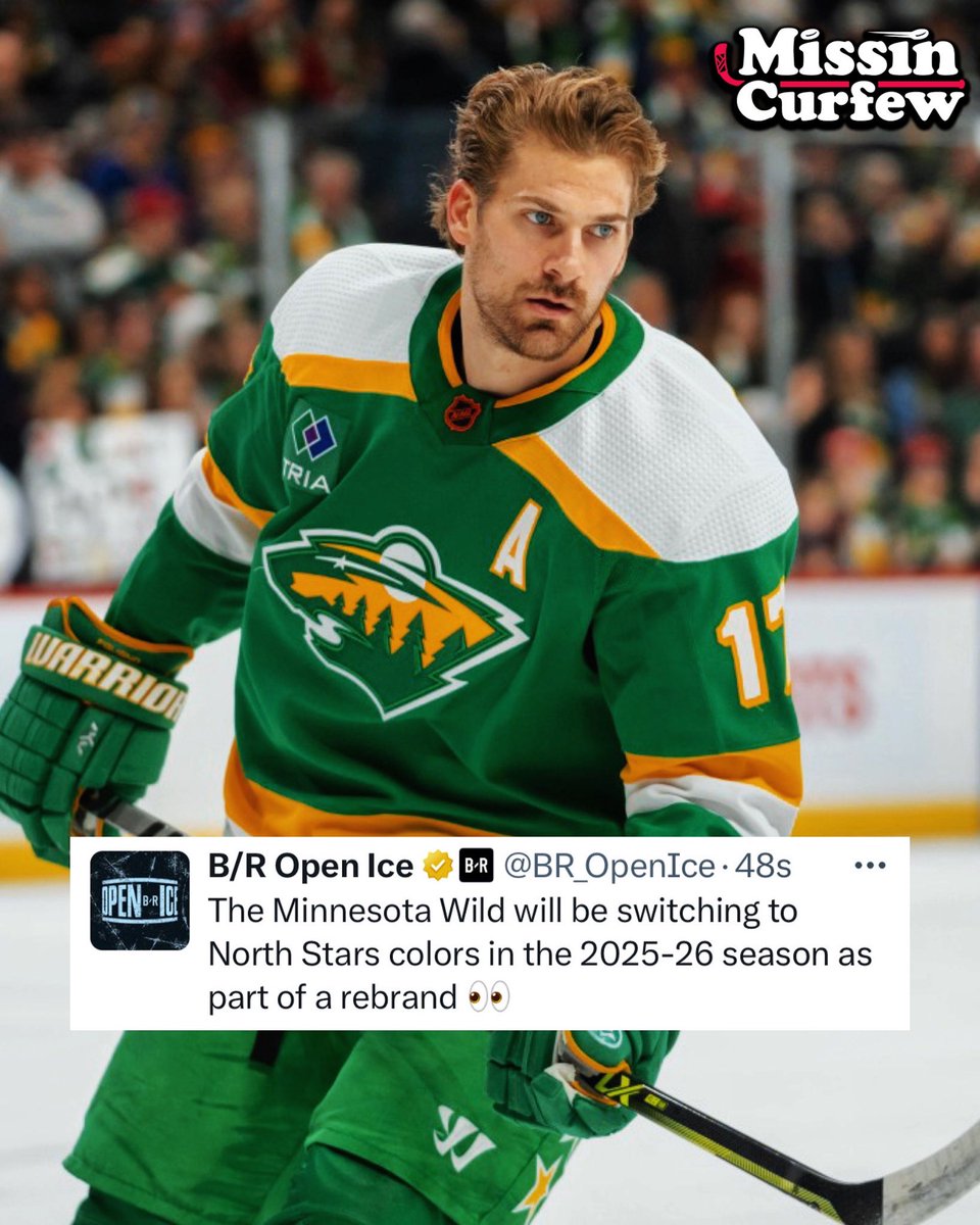 MissinCurfew's tweet photo. The #MinnesotaWild are switching to the Green and Yellow North Stars colours in 2025/26

Via: @BR_OpenIce | #MNWild https://t.co/mMIvlnNr4V