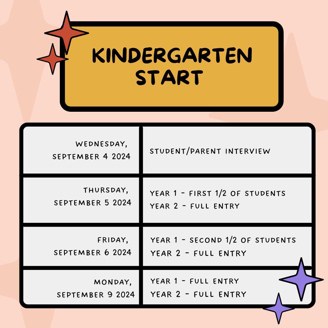 As we prepare for the upcoming school year, note the start times and days for our Kindergarten students.  

We will be hosting all Year 1 &amp; 2 students with interviews this September.  An email with details to follow in July.
