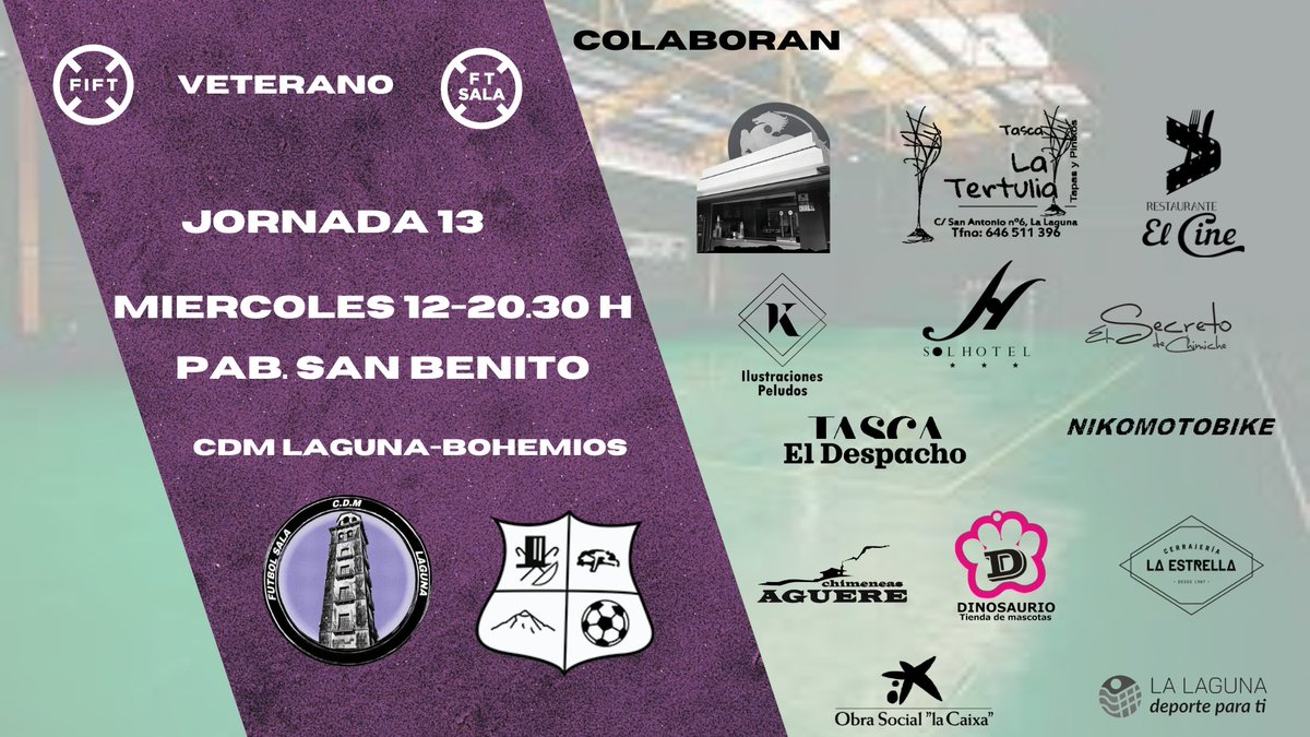 CDMaxorataTfe's tweet photo. VETERANO | PARTIDO
Nuevo partido del Veterano Laguna, esta noche, en el Pabellón de San Benito, a las 20.30 h contra el Bohemios. 
¡¡Vamos Laguna!!  💜🤍 https://t.co/jh20WDdgpd