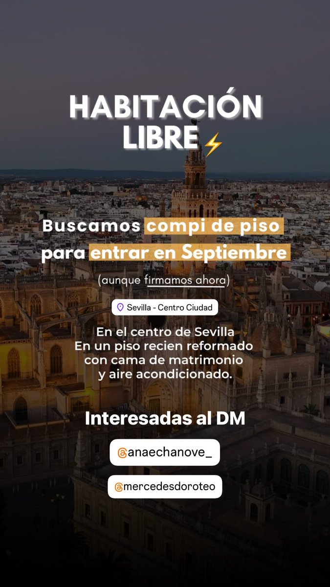 mercedesdoroteo's tweet photo. Buscamos compi de piso en Sevilla para entrar en septiembre (pero hay que firmar ahora) ⚡️ Piso de 3 en el centro con cama grande y aire. Muy buen rollito en el piso 🫶🏽 https://t.co/13PhGbDZIr