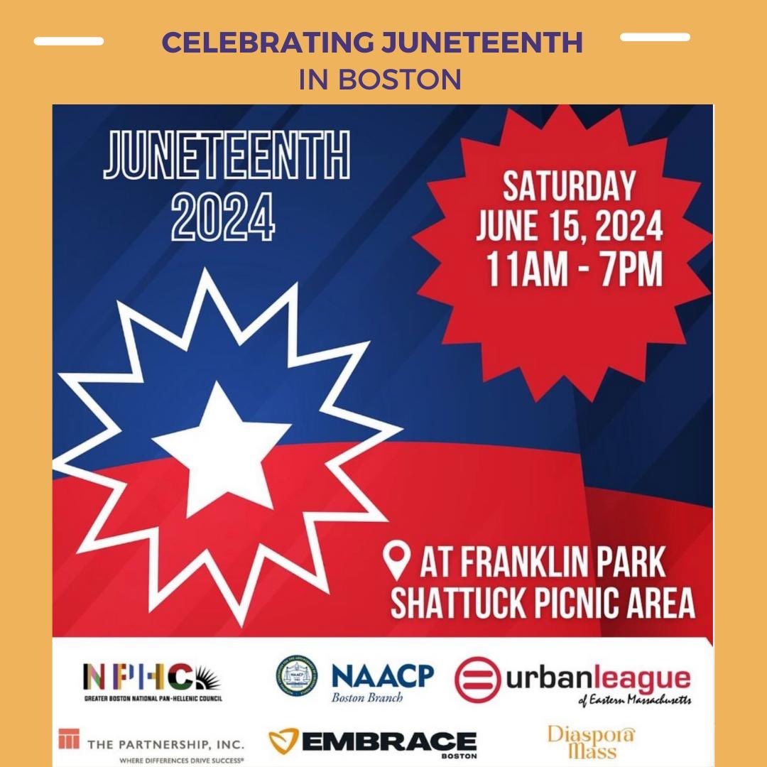 Juneteenth is almost here! Celebrated every year on June 19 to commemorate enslaved persons in Texas learning of their freedom pursuant to the Emancipation Proclamation.

Throughout this week and next, Boston will host many celebrations in community to honor the rich history of