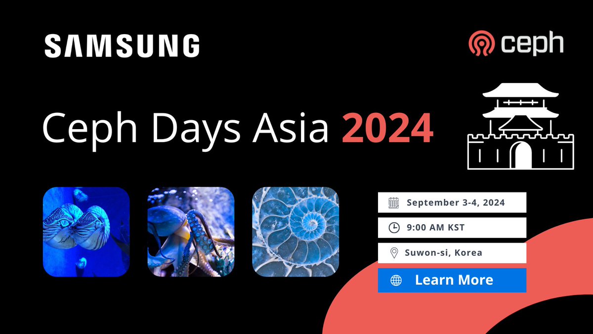 Ceph Days Asia is coming to Suwon-si, Korea September 3-4! Hosted by the Ceph community and Samsung, Ceph Days Asia will bring together global Ceph enthusiasts to discuss all things #ceph.

Learn more: hubs.la/Q02ByzRk0
#opensource #cephdaysasia