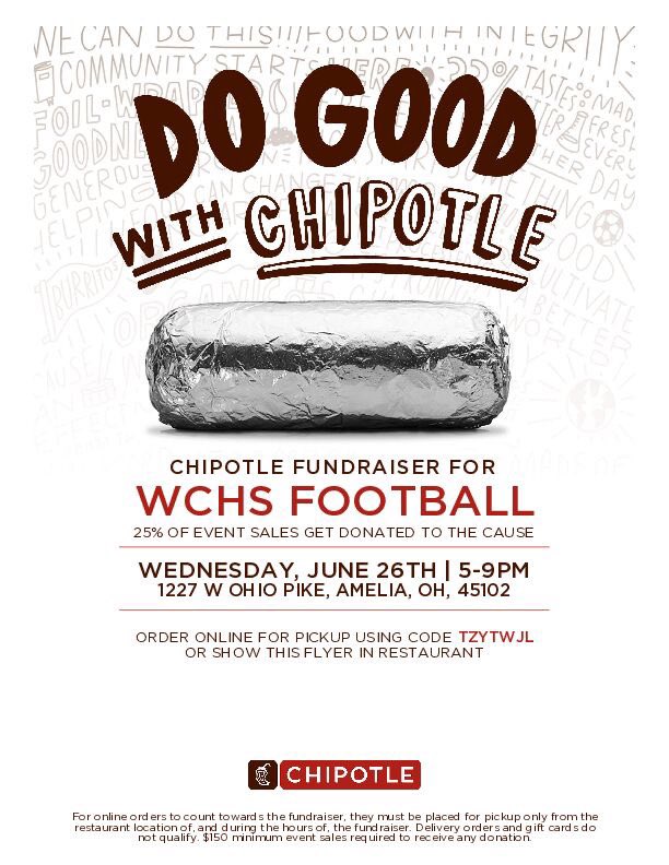 Eat Chipotle and support WC Football!! Win-Win 🤷‍♂️

🗓️ June 26th
⏰ 5:00 - 9:00
📍 Amelia Chipotle, 1227 W Ohio Pike

#HUNT
#WETSU