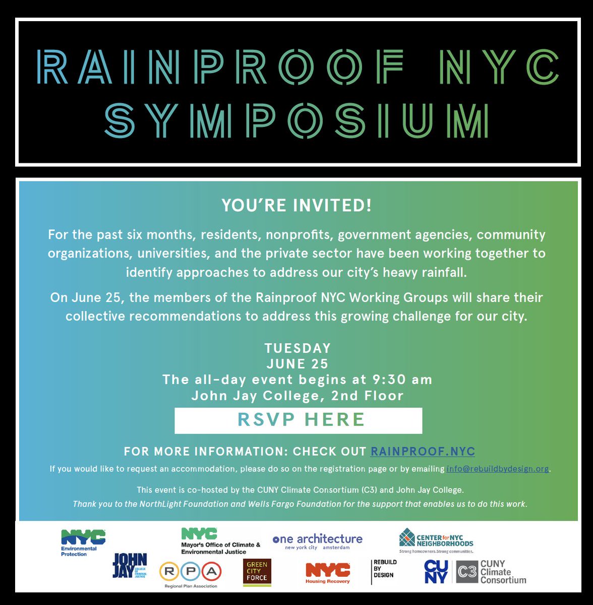 📢 YOU'RE INVITED! Join us at the Rainproof NYC full-day Symposium.
🕒 Time: 9:30 AM, June 25, 2024
📍 John Jay College
Hear our Rainproof NYC Working Groups’ collective recommendations to address NYC’s growing rainfall challenge. RSVP today: bit.ly/june25symposium
#RainproofNYC