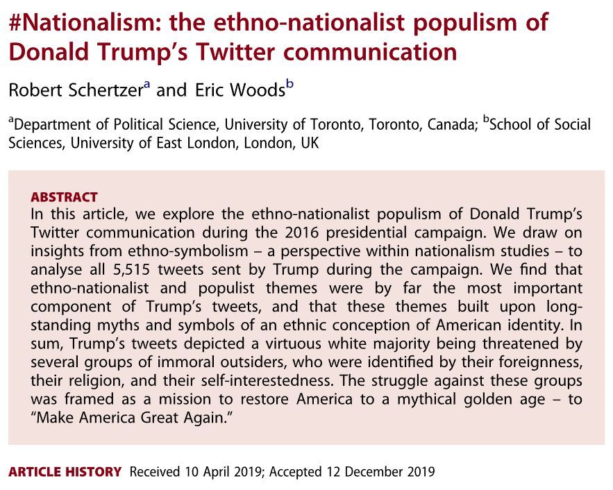 ERSjournal's tweet photo. #ERSTrending #TrendingArticle

1 of our trending articles is @RobertSchertzer and Eric Woods' 2020 article exploring #EthnoNationalist populism of Donald #Trump's Twitter communication during the 2016 presidential campaign

You can read this article here: https://t.co/oREE7kf2bM https://t.co/gAHcJ3vM29