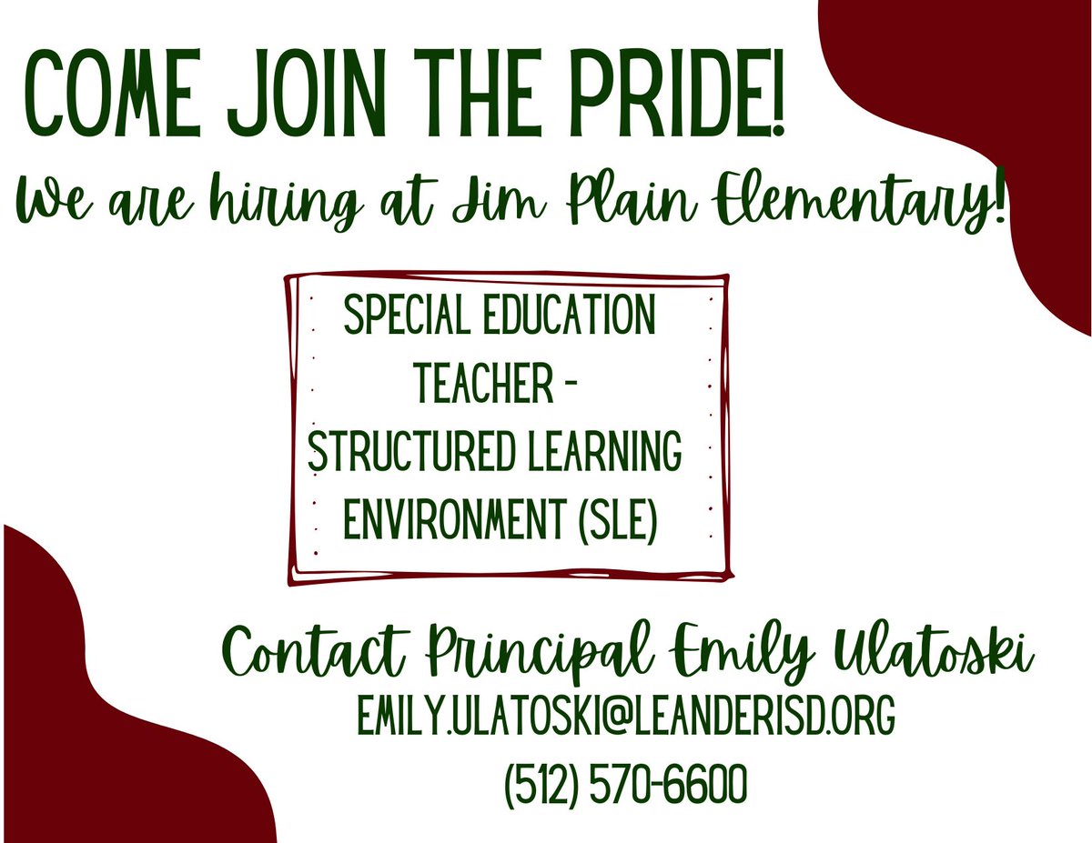 We are adding to our SLE team &amp; are looking for a teacher to join The Pride!! Come join our top-notch special education team at JPE! #JPEpride <a href="/LISDCareers/">Leander ISD HR</a>