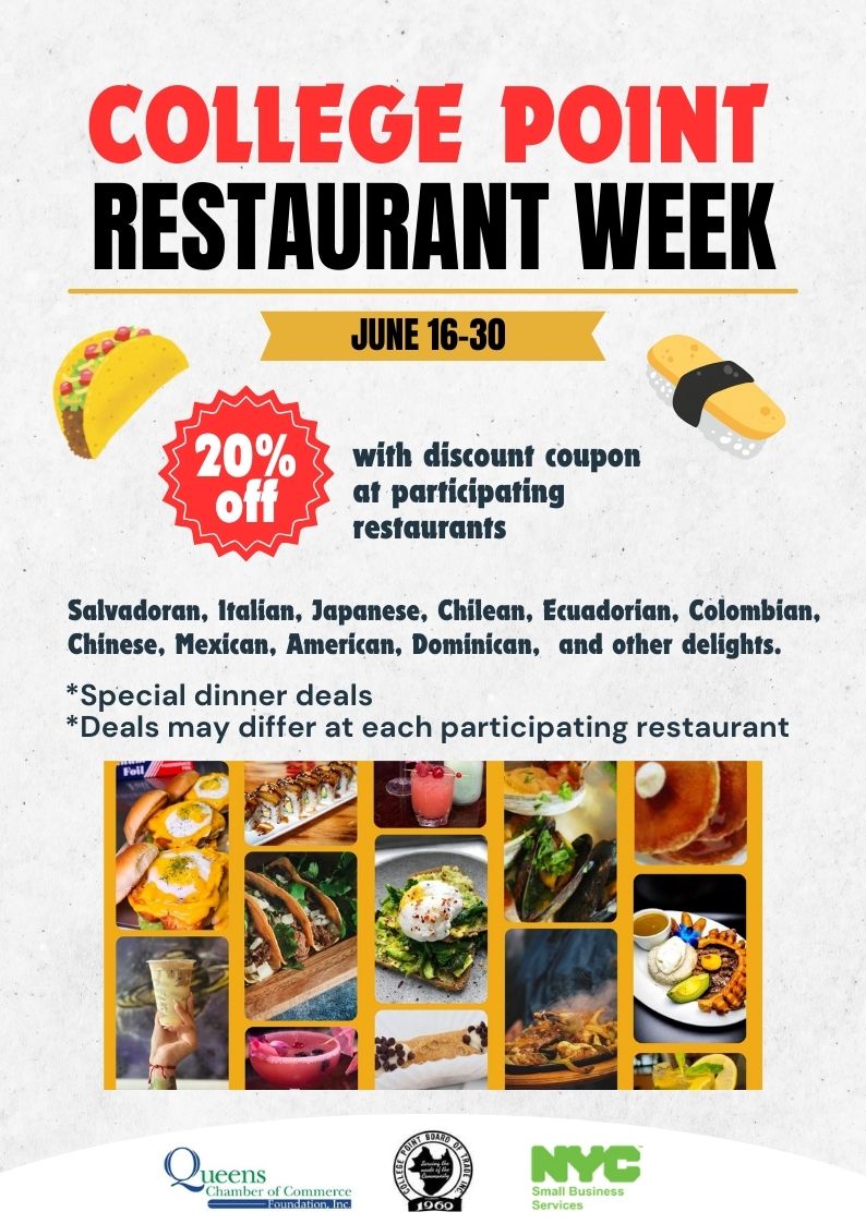 CollegePTTrade's tweet photo. Restaurant Week in College Point, Queens is coming! From June 16 to June 30, get 20% off at select neighborhood eateries . Discount vouchers will be mailed to every College Point residence. 
See link for the complete restaurant lineup! https://t.co/JBRvTNl9Ry
#collegepoint #nyc https://t.co/tUswr5gL4o