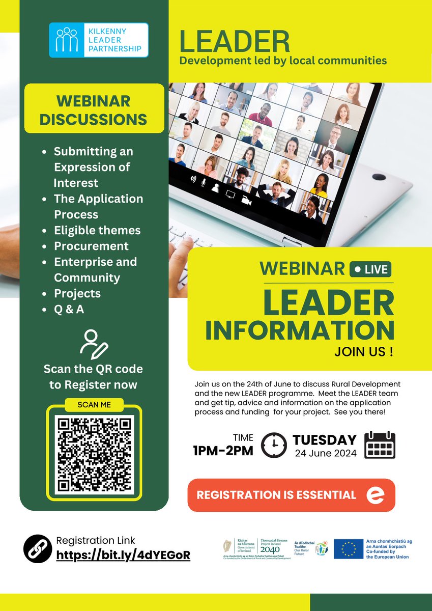 📷KLP LEADER WEBINAR - 25th June 2024! 📷
Registration is open: bit.ly/4dYEGoR
Are you looking for funding for a LEADER project? Do you have a business idea? Join us on Tuesday, 25th of June for an exclusive LEADER Webinar!