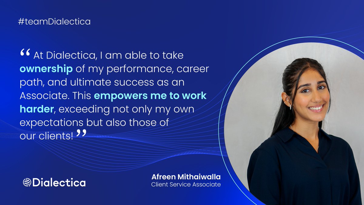 DiaIectica's tweet photo. Ever wondered what it means to work at one of the fastest-growing information services firms? 

For Afreen Mithaiwalla, it's all about truly owning her career and the high-performance culture. 

Learn more about our open positions and join our global team: https://t.co/qzqW79idlC https://t.co/8NGggLiKac