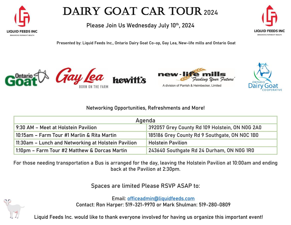 LiquidFeedsInc's tweet photo. @LiquidFeedsInc is pleased to announce a day of networking and learning for dairy goat producers on July 10th. See details below. Please RSVP as space is limited. Lunch will be provided. Looking forward to a great day of interaction. https://t.co/8RMBbfm6TD