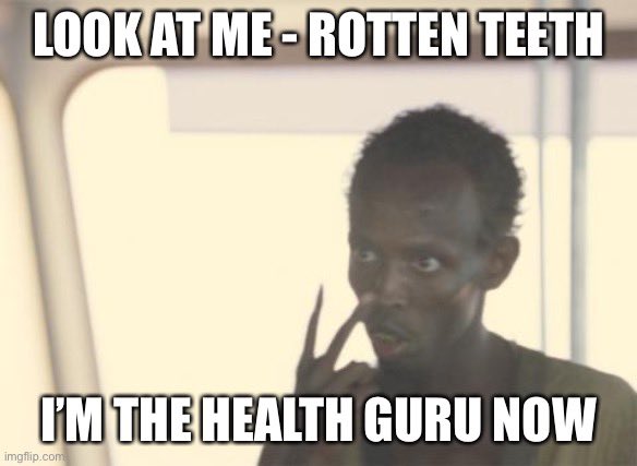 PUMPINGSHARK's tweet photo. Look at me -
Rotten teeth -
Iβm the health guru now -
@dannyroddy
#memes #gymmemes #fitnessmemes #meme #carnivorediet #ketodiet #healthmeme #spiritualmemes #spiritualmeme #memepage #gym #fitness #gymmeme #ketomeme #ketomemes #carnivorememe #carnivorememes https://t.co/lQUe5SKjjV