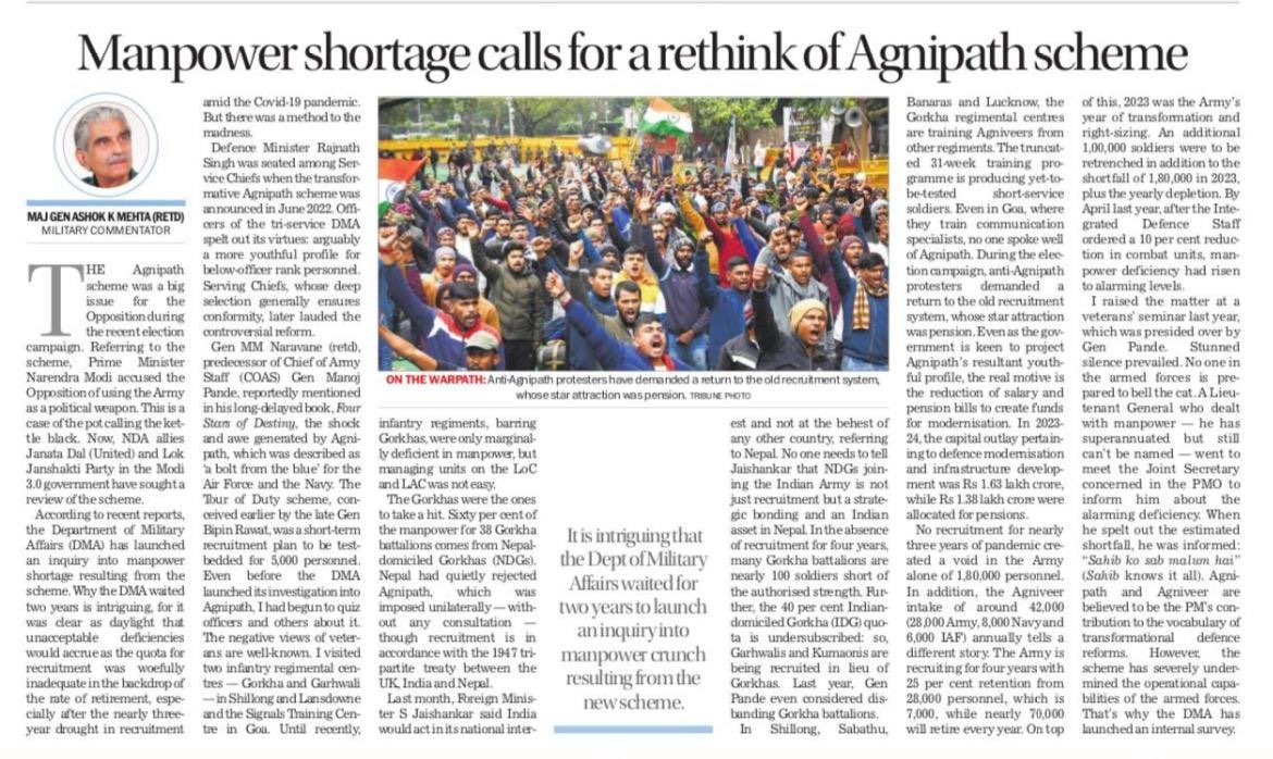 मेजर जनरल अशोक मेहता ने अग्निवीर के चलते राष्ट्रीय सुरक्षा पर मंडराते ख़तरे पर ज़रूरी बात कही है

भारतीय सेना को जनबल की भारी कमी से जूझना पड़ रहा है 

▪️2023 में 1,80,000 सैनिकों की कमी  हुई

▪️1,00,000 की और छंटनी की जानी थी 

▪️कम भर्ती के कारण जवानों की भारी कमी हो रही है