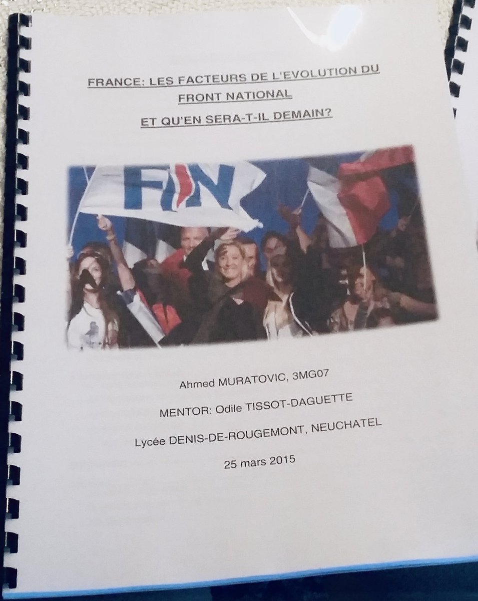 Mon travail de maturité de mars 2015…

J’évoquais le postulat selon lequel ;
Une simple diabolisation de l’extrême droite, sans répondre aux grands enjeux pour la population, mènerait le Front National au pouvoir
Force est de constater que ce scénario semble se réaliser…