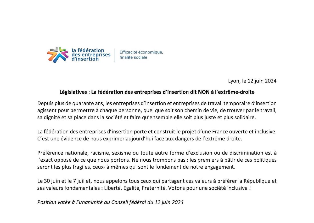 #LegislativesAnticipées : <a href="/lafederationEI/">La fédération des entreprises d'insertion</a> dit NON à l’extrême-droite.

Le 30 juin et le 7 juillet, nous appelons tous ceux qui partagent nos valeurs à préférer la République et ses valeurs fondamentales : Liberté, Egalité, Fraternité. Votons pour une société inclusive !