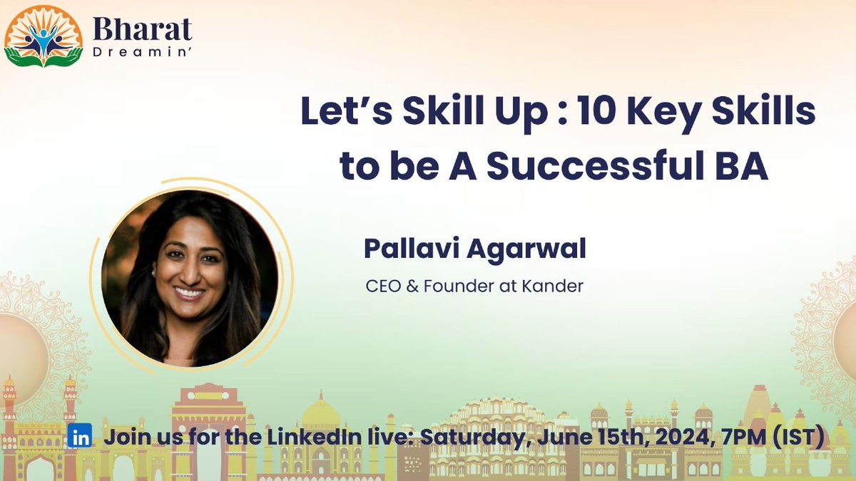 Bharat Dreamin (@bharatdreamin) on Twitter photo Join us for the Linkedin Live this Saturday, 7 pm IST, with <a href="/PalluAgs/">💥Pallavi Agarwal #bossladyKander💥</a> as she covers some Tips and Key Skills required to become a Successful BA.
linkedin.com/events/let-ssk…
#bharatdreamin #trailblazercommunity <a href="/JyothsnaBitra/">Jyothsna Bitra (JB)</a> <a href="/iamKapilBatra/">Kapil Batra</a> <a href="/kdsharmas/">Kuldeep Sharma</a> <a href="/omprakash_it/">Om Prakash</a> <a href="/kavindrapatel/">kavindrapatel</a> Join us for the Linkedin Live this Saturday, 7 pm IST, with <a href="/PalluAgs/">💥Pallavi Agarwal #bossladyKander💥</a> as she covers some Tips and Key Skills required to become a Successful BA.
linkedin.com/events/let-ssk…
#bharatdreamin #trailblazercommunity <a href="/JyothsnaBitra/">Jyothsna Bitra (JB)</a> <a href="/iamKapilBatra/">Kapil Batra</a> <a href="/kdsharmas/">Kuldeep Sharma</a> <a href="/omprakash_it/">Om Prakash</a> <a href="/kavindrapatel/">kavindrapatel</a>